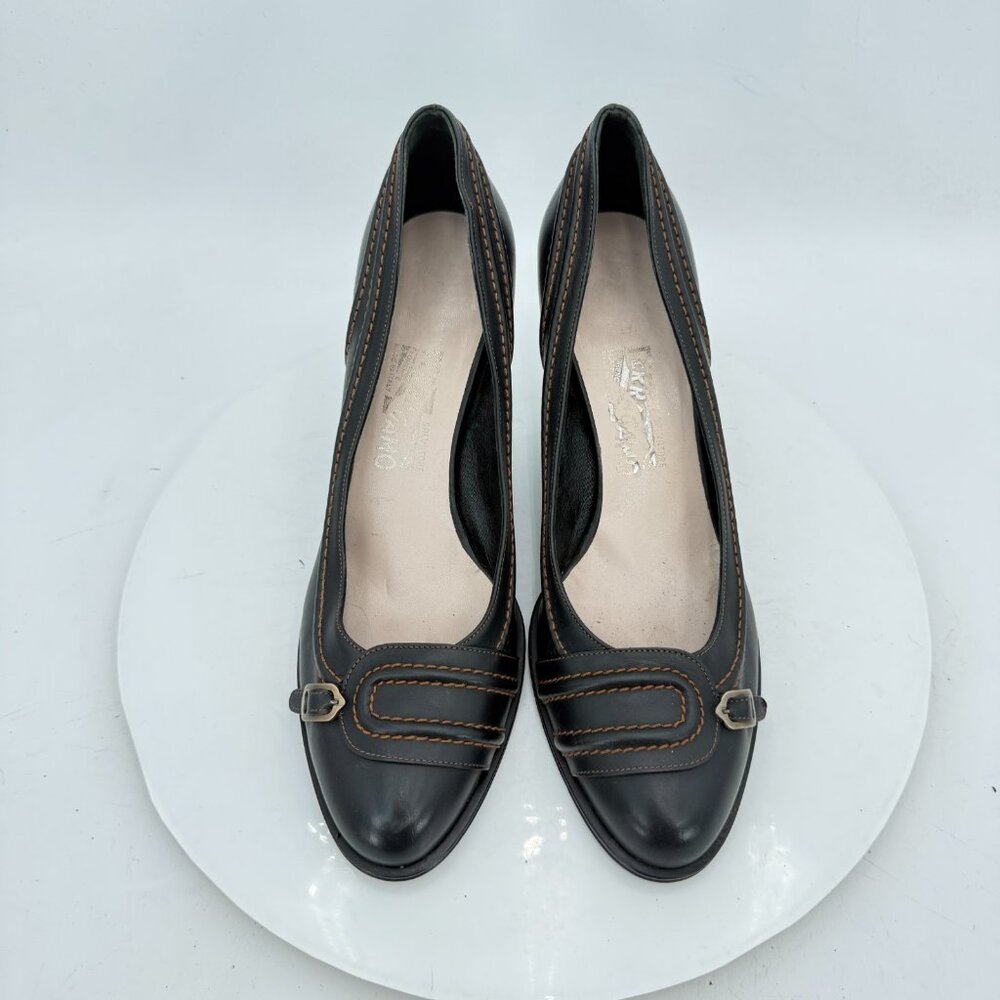 Salvatore Ferragamo Women Size 10B Brown Leather Belt Slip On Pump Heel Shoes - Picture 3 of 11